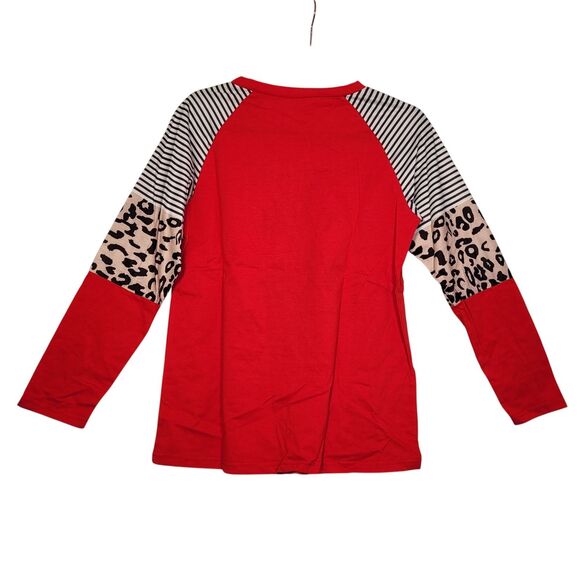 Women's Ma Ma Print Long-Sleeve Raglan Top Red Leopard & Stripes Size Small - Picture 2 of 8